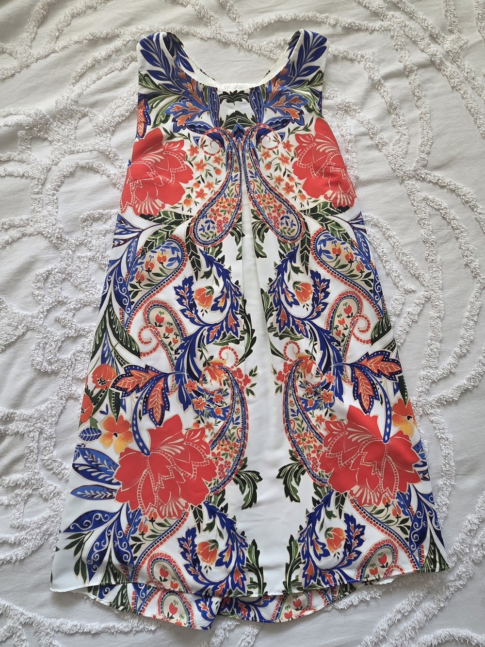 Sleeveless Mini Dress with Coral Floral & Navy Paisley Print